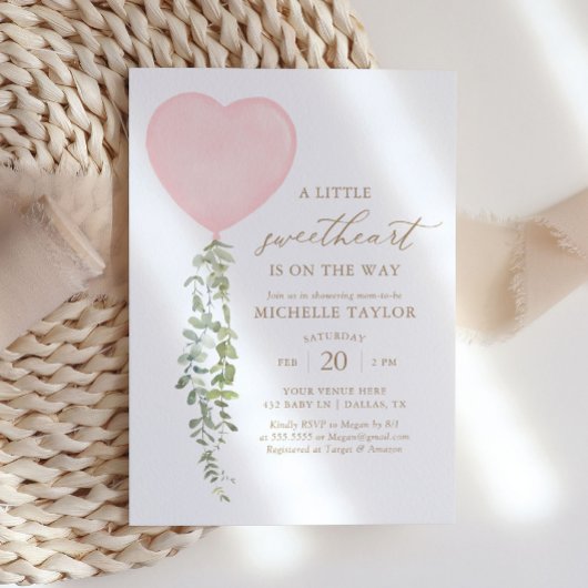 Pink Heart Balloon Eucalyptus Baby Dusche Einladung