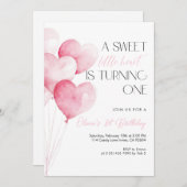 Pink Heart Balloon First Birthday Einladung (Vorne/Hinten)