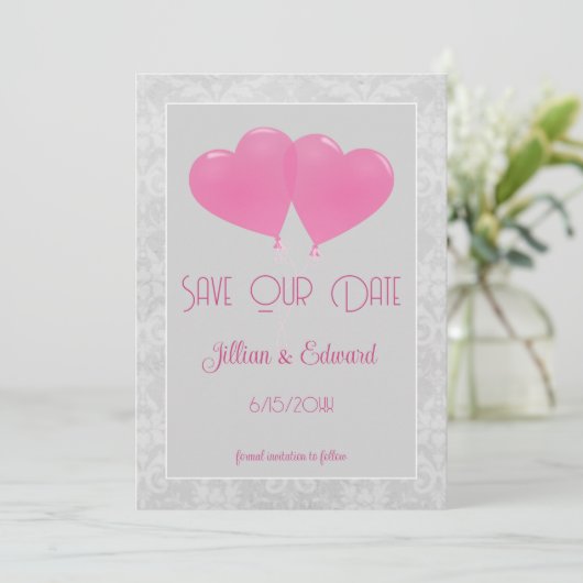 Pink Heart Balloons Ankündigung Datum freihalten (Stehend Vorderseite)