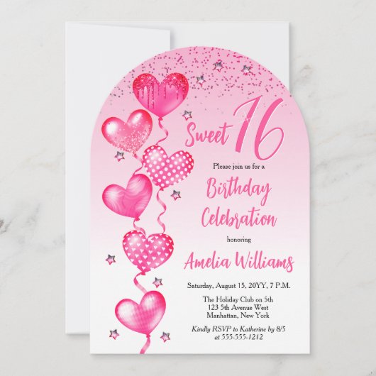 Pink Heart Balloons Sweet 16 Birthday Party Einladung (Vorderseite)