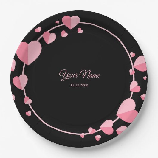 Pink Heart Black Geometric Wedding Party Elegant Pappteller (Vorderseite)