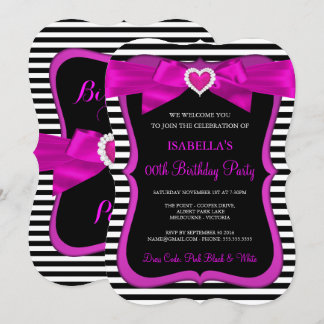 Pink Heart Bow Schwarz-weiß Strip Geburtstagsparty Einladung