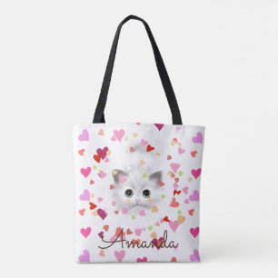 Pink Heart Confetti White Kitten Tote Bag Tasche