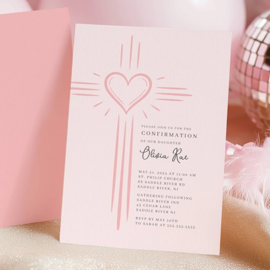 Pink Heart Cross Confirmation Invitation Einladung