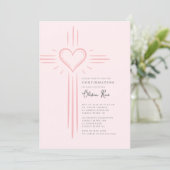 Pink Heart Cross Confirmation Invitation Einladung (Stehend Vorderseite)