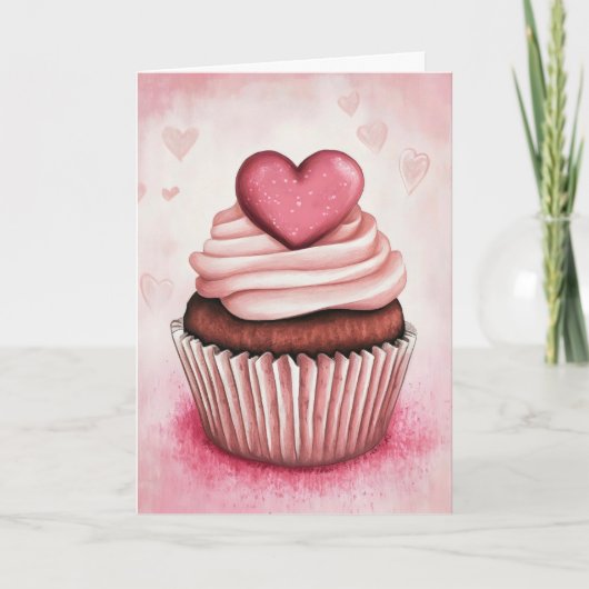 Pink Heart Cupcake Feiertagskarte (Vorderseite)