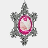Pink Heart Damask Foto Baby's First Christmas Schneeflocken Zinn-Ornament (Links)