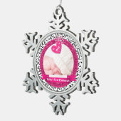 Pink Heart Damask Foto Baby's First Christmas Schneeflocken Zinn-Ornament (Rechts)