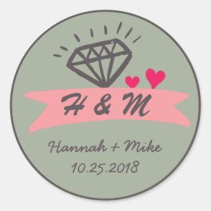Pink Heart Diamant Hochzeitsgunst Monogramm Aufkle Runder Aufkleber