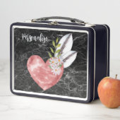 Pink Heart Feathers Black Marble BG Personalized Metall Brotdose (Beispiel)