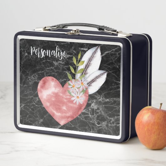 Pink Heart Feathers Black Marble BG Personalized Metall Brotdose (Beispiel)