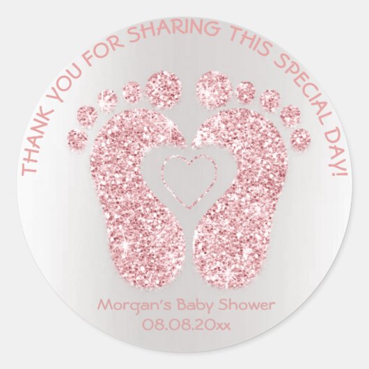 Pink Heart Feet Baby Dusche Glitzer Danke Funkelnd Runder Aufkleber (Vorderseite)