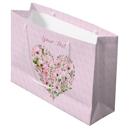 Pink Heart Floral Geschenktasche Große Geschenktüte (Vorderseite Schrägansicht)