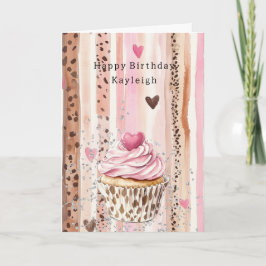 Pink Heart Leopard Cupcake Confetti Birthday Karte