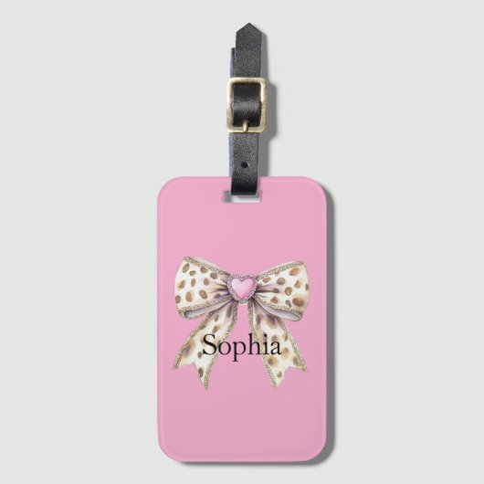 Pink Heart Leopard Girly Bow Gepäckanhänger (Vorderseite Vertikal)