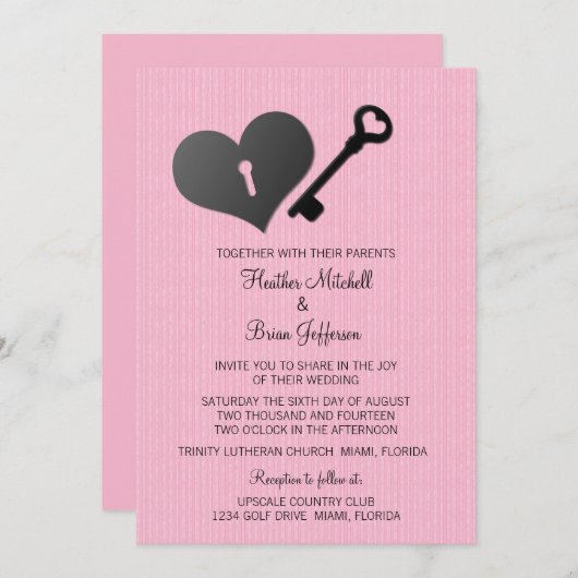 Pink Heart Lock und Key Wedite Einladung (Vorne/Hinten)