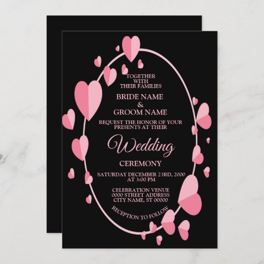 Pink Heart Pattern Black Geometric Elegant Wedding Einladung (Vorne/Hinten)