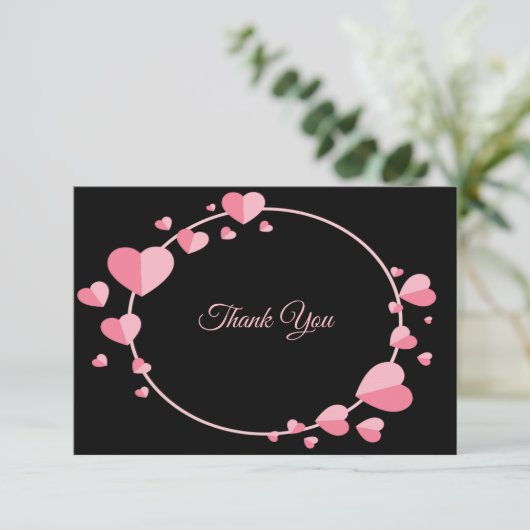 Pink Heart Pattern Black Geometric Wedding Dankeskarte (Stehend Vorderseite)
