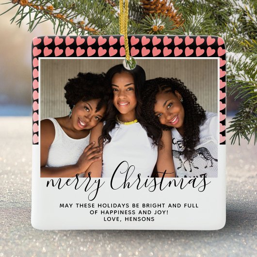 Pink Heart Pattern Frohe Weihnachten Foto Keramikornament