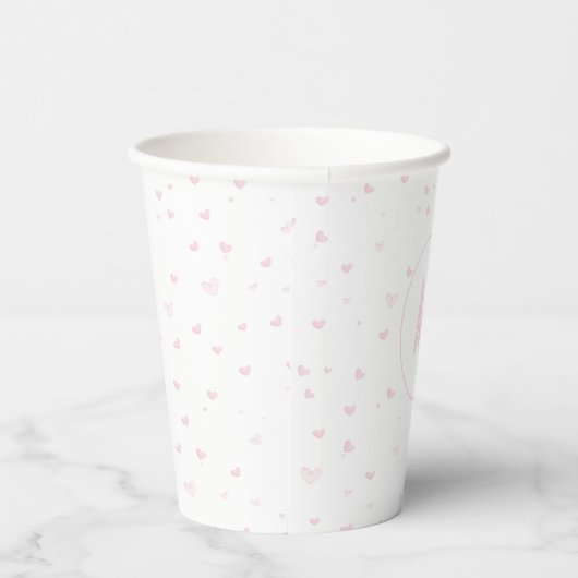 Pink Heart Pattern Girly Romantic Mit Monogramm Pappbecher (Rechts)