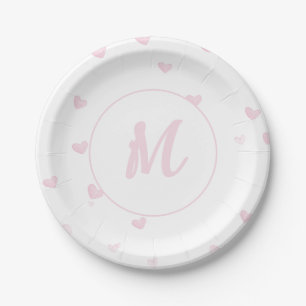 Pink Heart Pattern Girly Romantic Mit Monogramm Pappteller