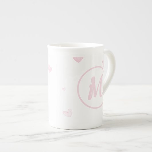 Pink Heart Pattern Girly Romantic Mit Monogramm Porzellantasse (Vorderseite Rechts)