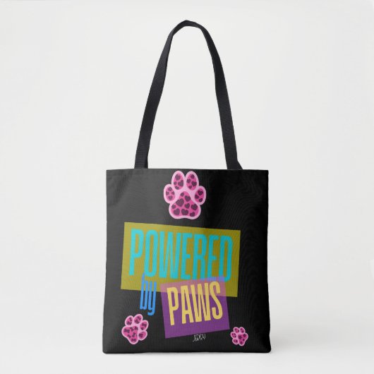 Pink Heart Paw Print "Powered by Paws" Design Tasche (Vorderseite)