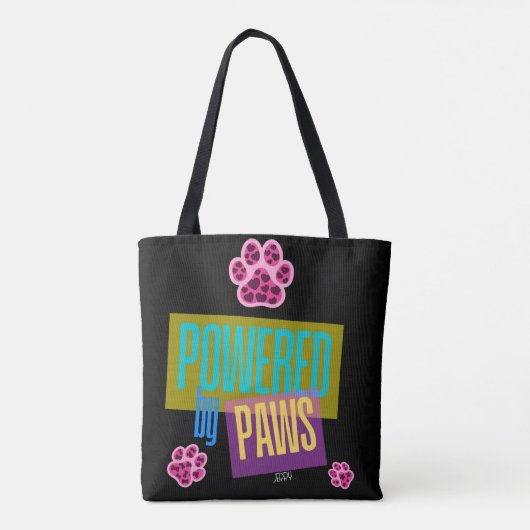 Pink Heart Paw Print "Powered by Paws" Design Tasche (Rückseite)