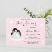 Pink Heart Penguin Baby Dusche Einladungen (Stehend Vorderseite)