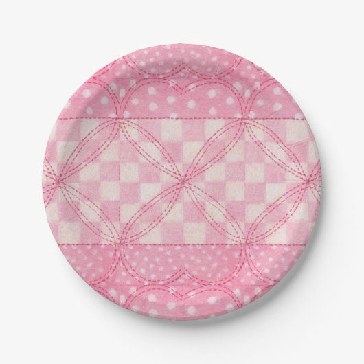 PINK HEART QUILT 7" Rundpapier-Teller Pappteller (Vorderseite)