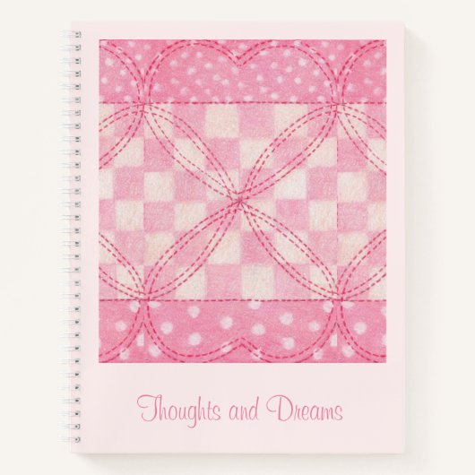 PINK HEART QUILT 8.5x11 Notebook + Text / Rosa Notizblock (Vorderseite)