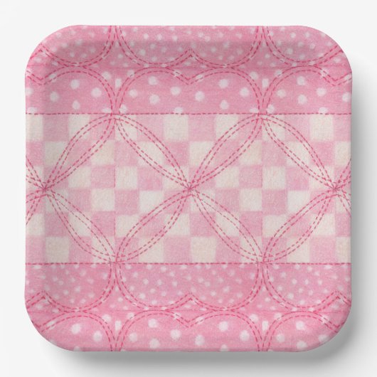 PINK HEART QUILT 9" Square Paper Teller (Vorderseite)