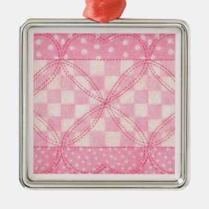 PINK HEART QUILT Premium Square Ornament / Rosa Aus Metall