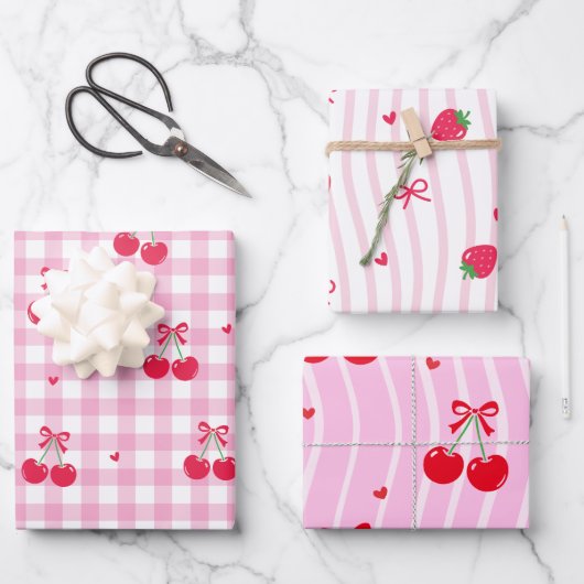 Pink Heart Ribbon Cherries Geschenkpapier Set (Vorderseite)