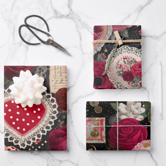 Pink Heart Rose Flowers Vintage Wrapping Geschenkpapier Set (Vorderseite)