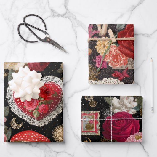 Pink Heart Rose Flowers Vintage Wrapping Geschenkpapier Set (Vorderseite)