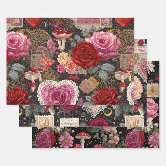 Pink Heart Rose Flowers Vintage Wrapping Geschenkpapier Set (Set)
