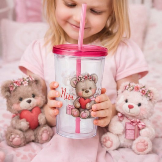 Pink Heart Teddy Bear Tumbler Illustration  Acryltrinkbecher