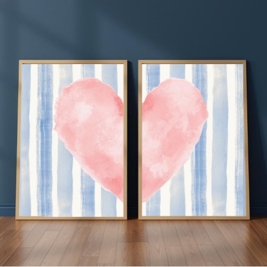 Pink Heart Watercolor, Aesthetic Blue Stripes Bilderwand Sets