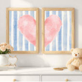 Pink Heart Watercolor, Aesthetic Blue Stripes Bilderwand Sets