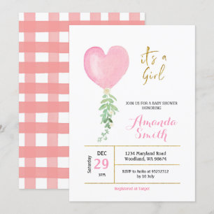 Pink Heart Watercolor Ballon Girl Baby Dusche Einladung