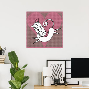 Pink Heart White Kitty Print Poster