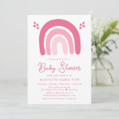 Pink Hearts and Rainbows Baby Shower Einladung (Stehend Vorderseite)
