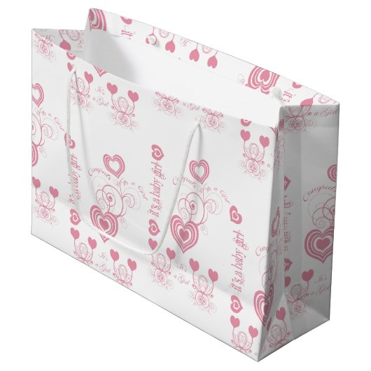 Pink Hearts Baby Dusche Große Geschenktüte (Vorderseite Schrägansicht)