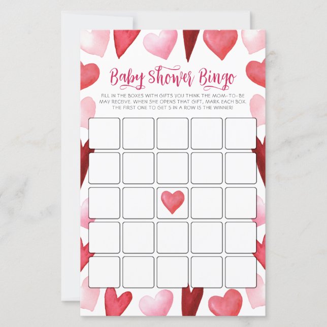 Pink Hearts Baby Shower Bingo Game Card (Vorderseite)