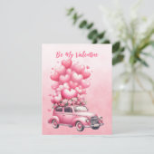 Pink Hearts Balloons Auto in Pink Feiertagskarte (Stehend Vorderseite)