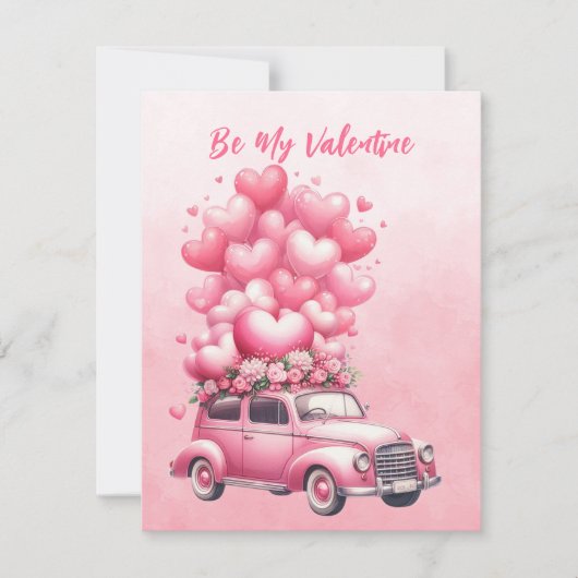 Pink Hearts Balloons Auto in Pink Feiertagskarte (Vorderseite)