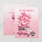 Pink Hearts Balloons Auto in Pink Feiertagskarte (Vorne/Hinten)