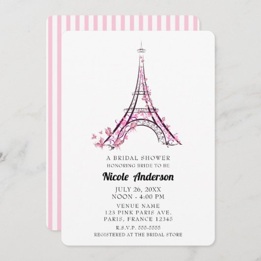 Pink Hearts Butterflies Paris Eiffel Tower Bridal Einladung (Vorne/Hinten)