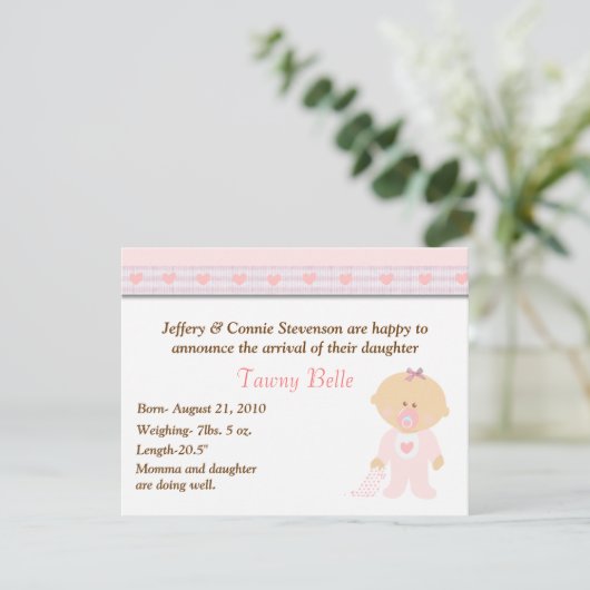 Pink Hearts Cartoon Baby Girl Geburtsankündigung Ankündigung (Stehend Vorderseite)